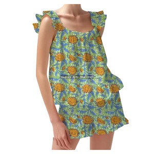 New Designer Indian Cotton Hand Block Print Shorts Pajama Set Spring / Summer Floral Fitted Strappy Ruffle <b>Trim</b> Sleeves PJ Set - Product Image 2