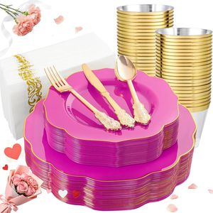 Set di Piatti in Plastica Rosa Acceso 175 Pezzi, Kit per Feste Usa e Getta, 50 Piatti Rosa Acceso, 25 Coltelli, 25 Forchette, 25 Cucchiai, 25 Bicchieri - Product Image 1