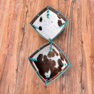 Cuenco de cuero de vaca genuino para el cabello, 3 juegos, cuenco de punto de whipstitch occidental en relieve turquesa, bandeja lujosa para valet, regalos de boda - Product Image 3