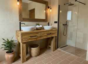 ตู้ห้องน้ำไม้ธรรมชาติสุดหรู ปี 2026 พร้อมอ่างล้างหน้าคู่ ตู้เก็บของ เฟอร์นิเจอร์ห้องน้ำทันสมัย สำหรับใช้ในบ้านและโรงแรม - Product Image 2