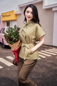 Manteau trench kaki à manches courtes pour femme, col mandarin, ceinture, style minimaliste, veste d'extérieur printemps ETHAN - Product Image 5