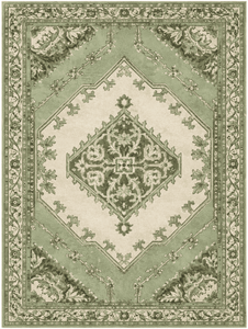 Tapis en laine tufté à la main à motifs floraux traditionnels, vert sauge, avec bordure décorative et médaillon géométrique floral, idéal pour les hôtels - Product Image 1