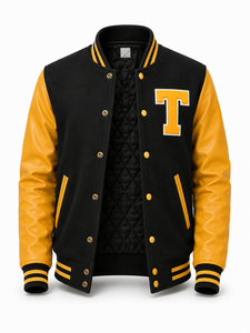 Chaqueta Varsity Unisex Negra con Parches Dorados, Diseño Frontal con Letra T Bordada, Mangas de Lana/Poliéster, Estilo Preppy, Ropa Urbana de Invierno - Product Image 2