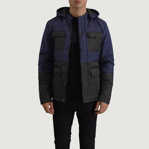 Blouson matelassé homme bleu marine et noir à blocs de couleur, coupe-vent, épais et isolé, style décontracté, col montant, bouton unique - Product Image 3