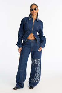 Women’s Corset <b>Denim</b> <b>Jacket</b> with Lace‑Up Waist and Printed Collar Trendy Streetwear Women's <b>Denim</b> <b>Crop</b> <b>Jacket</b> With Bandana - Product Image 4