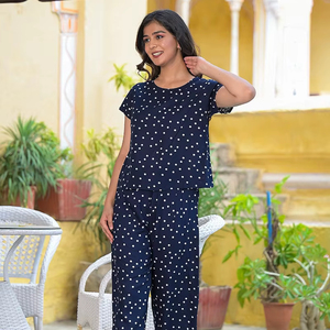 Traje de Noche Formal de Verano para Mujer, Estampado de Lunares Azules, Cuello Redondo, Mangas Cortas, Tela Suave y Cómoda - Product Image 1