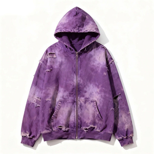Custom Embroidered Distressed Acid Wash <b>Zip</b>-Up Hoodie Heavyweight 100% Cotton Vintage Washed Oversized Streetwear Men's OEM - Product Image 1