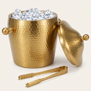 Gold Hammered <b>Ice</b> <b>Bucket</b> <b>With</b> <b>Lid</b> And Tongs Double-Wall Insulated Stainless Steel Wine Cooler & Champagne Chiller For Home Bar - Product Image 1