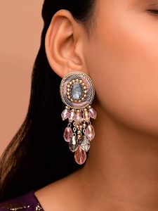 Ethnic Handmade Indian Metal Jhumka Earrings with Colorful Beads and Rhinestones Plastic Bag Packaging for Wedding - Product Image 2