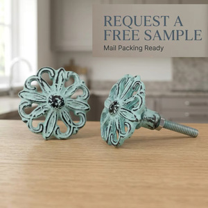 Bouton de meuble industriel rond en fonte avec motif floral vert sarcelle vieilli pour cuisine, chambre, commode, tiroir et autres meubles - Product Image 2