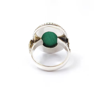 Handcrafted Sterling <b>Silver</b> <b>Statement</b> <b>Ring</b> Featuring Large Oval Malachite Cabochon With Beaded Rope Borders - Product Image 3