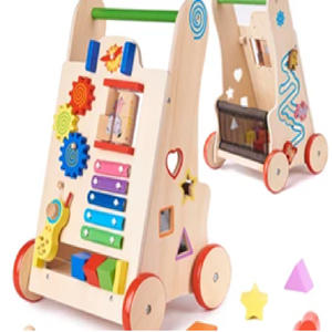 Marche-bébé en bois amusant en forme de voiture, avec de jolis amis animaux et des blocs à empiler. Disponible aux prix de gros. - Product Image 3