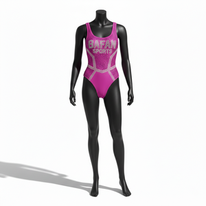 Maillot de bain une pièce pour femme en tissu Spandex premium, rouge et noir, avec empiècements latéraux en mesh, logo personnalisé par transfert thermique. - Product Image 1