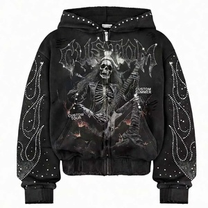 SHH INDUSTRIES Custom Graphic Hoodie Men Rhinestone Skull Print Full Zip Black Streetwear Oversized Hooded Sweatshirt Wholesale - Product Image 1
