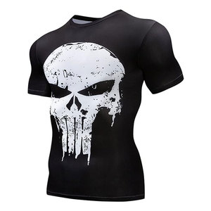 T-shirt de compression noir à manches courtes pour homme avec imprimé crâne blanc, coupe ajustée, séchage rapide, style urbain, col rond, vêtement de sport 2026 - Product Image 1