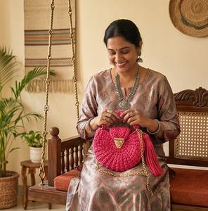 <b>Women's</b> Ethnic Pink <b>Tshirt</b> Yarn Oreo Bag Handmade Pearl Two Straps Purse Boho Shoulder Bag Cotton Cord Weaving - Product Image 6