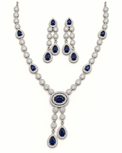 Exquisite AD Oval Stone Necklace <b>Set</b> <b>Silver</b> & Rhodium Plated Y Shape Necklace With Matching Earrings For Womens AD <b>Jewellery</b> <b>Set</b> - Product Image 1