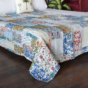 Hand Block Printed Cotton Kantha <b>Throw</b> Twin Size 150x220 cm Hand Embroidered Indian Handmade Quilt Bedspread Home Textile Export - Product Image 3