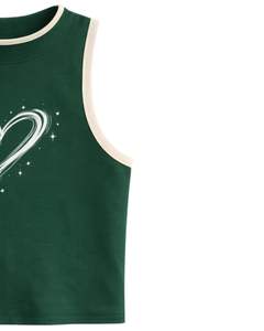 เสื้อกล้ามผู้หญิงสีเขียวเข้มลายริบบิ้นพิมพ์ลายหัวใจ แขนกุด สไตล์ลำลอง แฟชั่นฤดูร้อน แต่งขอบตัดกัน ดีไซน์สั่งทำได้ ผู้ผลิต - Product Image 3