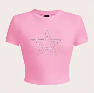 T-shirt court tendance à prix de gros, personnalisable selon la demande du client, haute qualité, grande taille, avec strass - Product Image 3