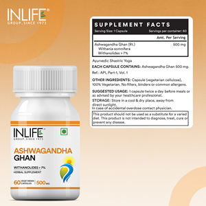 Extracto de Ashwagandha INLIFE (Withania Somnifera) >7% Anolides, Suplemento Ayurvédico 500mg, 60 Cápsulas Vegetarianas, Certificado GMP - Product Image 4