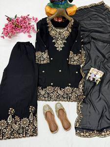 Conjunto de Vestido Tradicional Indio-Pakistaní para Mujer, Color Negro, Bordado, Largo hasta el Suelo, con Trabajo de Hilo Dorado, para Bodas - Product Image 6