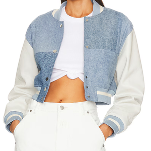 Veste universitaire courte pour femme, bleu et blanc, à manches longues, col rabattu, style baseball color block, pour le printemps - Product Image 1