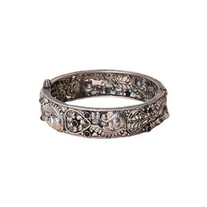 Top Most Selling Made in India Floral and Peacock Design Oxidised Silver <b>Ruby</b> Stone Studded Girls Ethnic Wear Bangles for Sale - Product Image 1