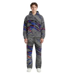 Custom Blue Red Optical Graphic <b>Mens</b> Fleece Sweatsuit Set Printed Hoodie Joggers Distorted Streetwear Two Piece <b>Jackets</b> - Product Image 1