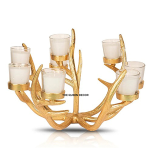 Porte-bougie en métal aluminium au design bois de cerf attrayant, pot à bougie unique en béton avec décoration de Noël plaquée or - Product Image 1