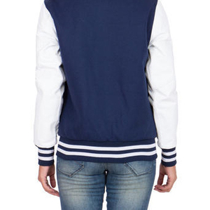 Men's Navy Blue Leather Varsity Jacket Casual Style Stand Collar Regular Sleeve Solid Color Horn <b>Button</b> Winter Windproof - Product Image 6
