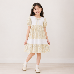 ชุดเดรสเด็กผู้หญิงสีเหลืองลายดอกไม้แบบมีชั้นพร้อมแขนพอง |   ชุดลำลองสวยหรู - Product Image 3