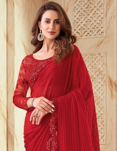 KV <b>Red</b> Embellished Designer Saree With Unstitched <b>Blouse</b> - Product Image 1