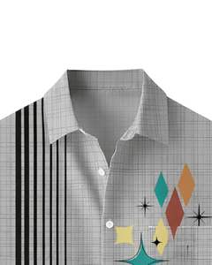 Camisa de Manga Corta con Botones y Estampado Geométrico Retro Gris Claro, Ropa Casual de Verano para Hombre, Fabricante OEM, Suministro al por Mayor - Product Image 5