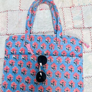 Lovely Textile Cosmetic Bag With String Closure Blue Pink Floral Pattern <b>Medium</b> Size Multi-Function Portable Travel Case - Product Image 6