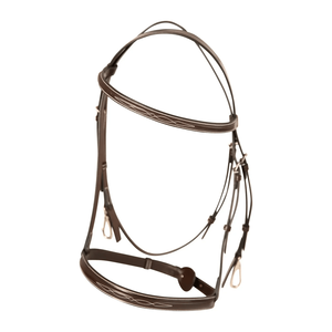 Brida de cuero para caballo con costuras elegantes, clips para las mejillas y riendas, para equitación inglesa, con frontal de cristal y narigueña acolchada. - Product Image 1