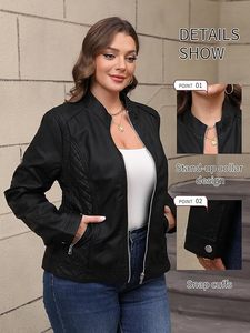 Women's Black PU Leather Bomber Jacket Full Sleeve <b>Zipper</b> Closure Stand Collar Quilted Autumn Style - Product Image 5