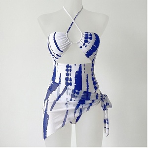 Women One Piece Swimsuit Blue White Tie Dye <b>Crossed</b> Halter Asymmetric Wrap Side With Drawstring Bandeau Style - Product Image 1