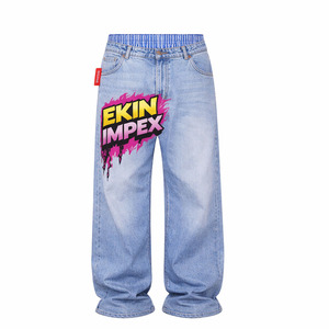 Vaqueros anchos de mezclilla con doble cintura, lavado desgastado, estilo urbano, de tiro medio, con paneles y logo personalizado, para viaje, venta al por mayor - Product Image 3