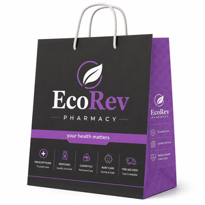 Bolsa de papel de lujo reciclable EcoRev para farmacia, papel de arte blanco, impresión offset, asas retorcidas, fuelle inferior ecológico, para medicamentos - Product Image 1