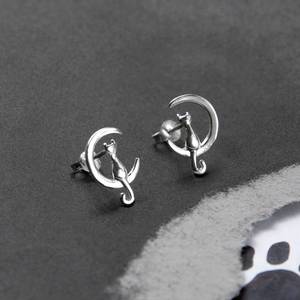 925 Sterling Silver <b>Cat</b> and Crescent Moon Stud Earrings Minimalist Celestial Earrings Gold Plated Women Good Jewelry Gift - Product Image 2