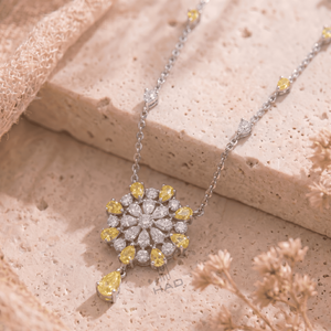 Collier pendentif floral en or blanc avec halo de diamants jaunes de culture en forme de poire, bijou de luxe, cadeau - Product Image 4