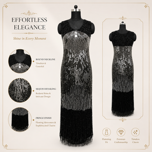 Luxury Black <b>Silver</b> Sequin Evening Gown Sleeveless Round Neck Fringe Hem Formal Party Cocktail Maxi <b>Dress</b> Elegant Glamorous Wear - Product Image 5
