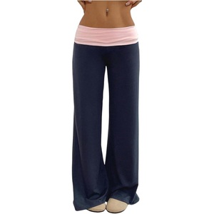 Pantalon large taille haute pour femme, coupe ample, longueur intégrale, couleur unie, en maille, décontracté, respirant, mélange coton et élasthanne - Product Image 2