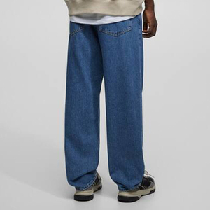 Jean en denim 100 % coton OEM personnalisé pour homme, coupe droite, délavé, avec logo brodé, bleu/bleu foncé, pantalon large et ample - Product Image 4