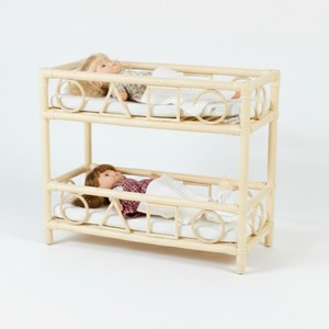 Lit superposé pour poupées en rotin naturel avec coussin, mini étagère de rangement, lit double tressé vintage pour maison de poupée, pour jeu d'imitation en crèche - Product Image 2