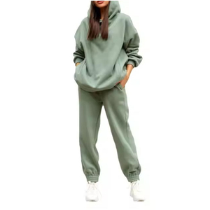 Conjunto Deportivo con Capucha para Mujer, Color Verde Sólido, Sudadera Larga con Bolsillos Laterales, Corte Holgado, Ropa Casual de Otoño - Product Image 1
