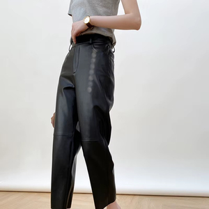 Pantalon en cuir véritable blanc pour femme, pantalon large taille haute en peau de mouton, polyvalent, décontracté, coupe droite, tendance, végétalien - Product Image 1