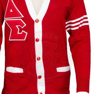 Custom OEM Manufacturer Delta Greek Collection IND <b>Women's</b> Acrylic V-neck Thick Sweater Knitted Sorority Embroidery <b>Red</b> <b>Cardigan</b> - Product Image 6