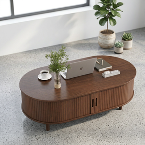 Table basse ovale moderne en bois, design mid-century, meuble de salon avec tiroir de rangement, finition brun foncé - Product Image 3
